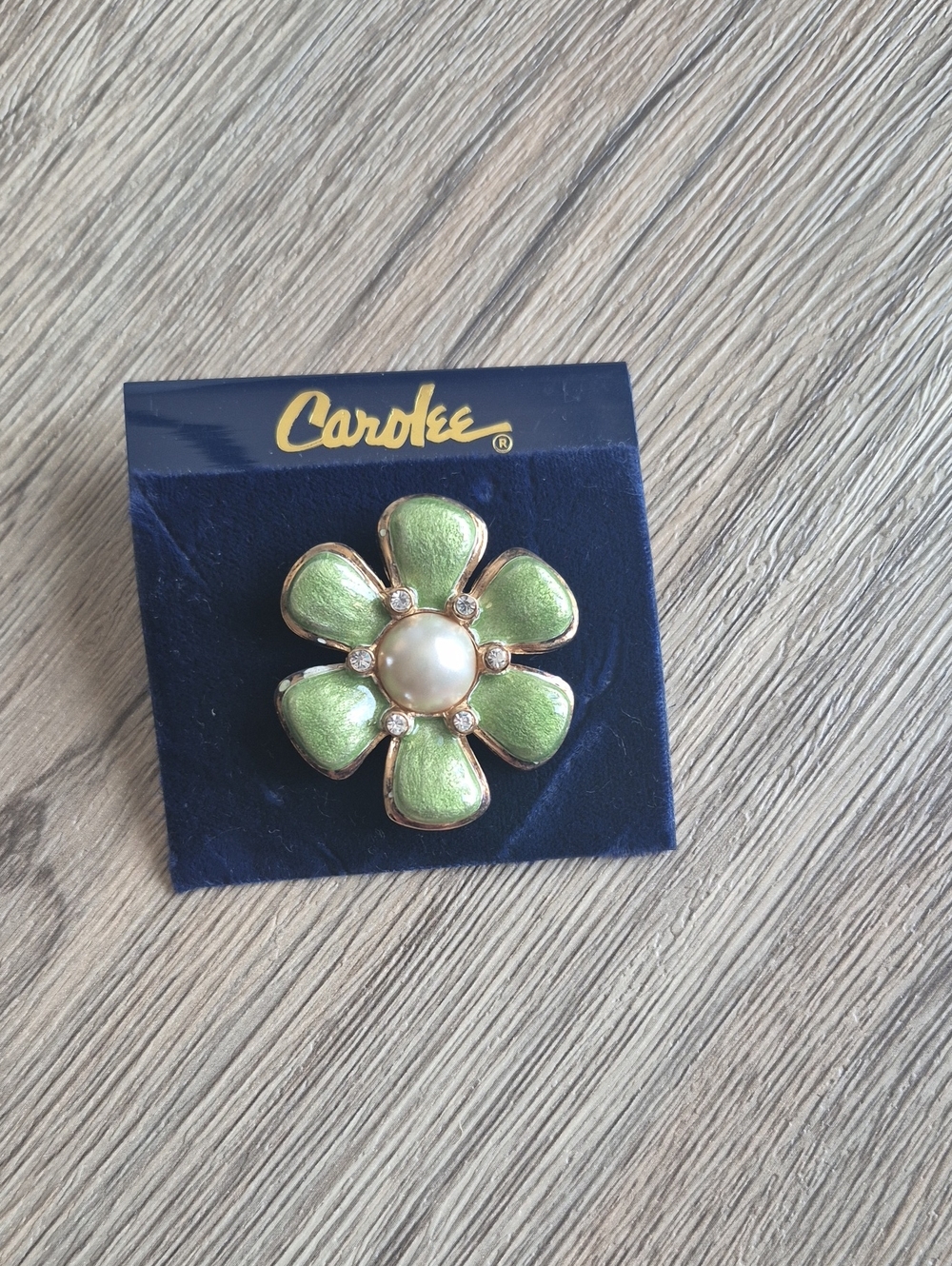 Vintage Carolee Light Green Enamel Flower Brooch with Pearl and Crystals